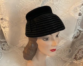 Vintage 1950's Hat Dark Black Adorned With Black Glass Tiny Beads Comes With Small White Hat Pin