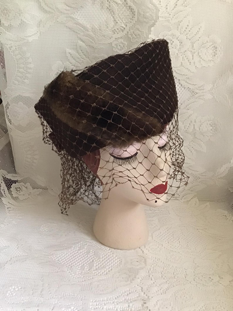 Vintage 1940's Hat RARE Tall Tilt Hat Dark Brown With Genuine Rabbit Fur Thick Veiling Art Deco image 1