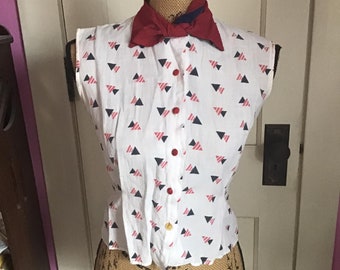 Vintage 1940's Blouse Top Red White Blue Cotton *Styled By Warel* Has Condition Issues And Is Sold As Is!!