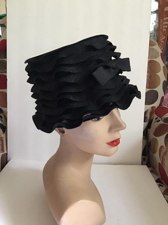 Vintage 1950's Hat Slight Bucket Style Dark Black… - image 5
