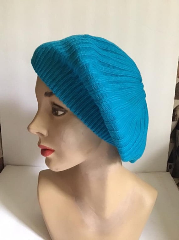 Vintage 1990's Hat Knit Beret Tam Style Dark Aqua… - image 1