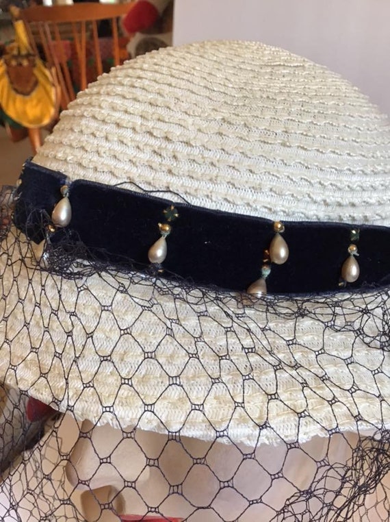 Vintage 1950's Hat Ladies Straw Hat Off White W/D… - image 6