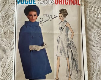 Sukienka z peleryną w stylu vintage z lat 60., dwuczęściowa *Vogue Paris Original* Projektant Pierre Cardin nr 1722