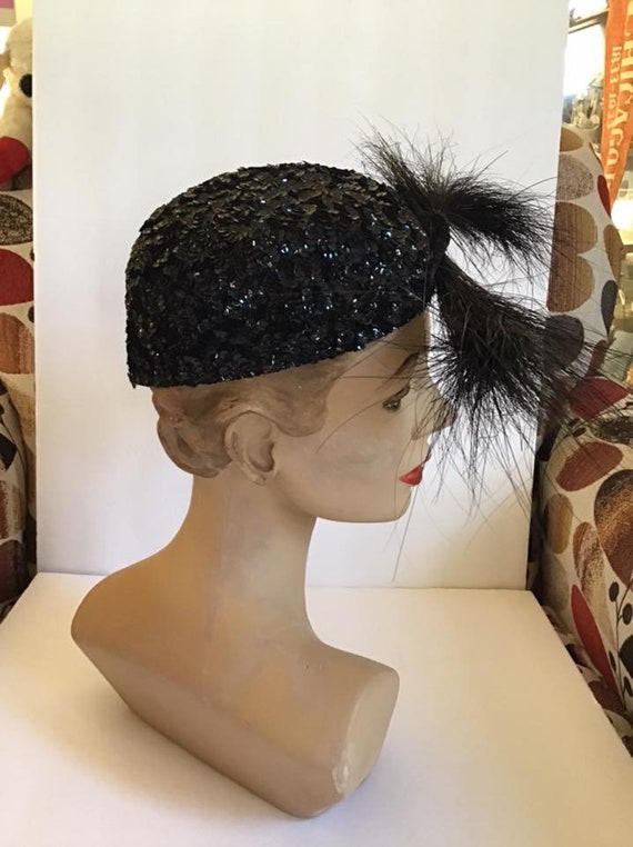 Vintage 1950's Hat FABULOUS Dark Black Sequin Hat… - image 5