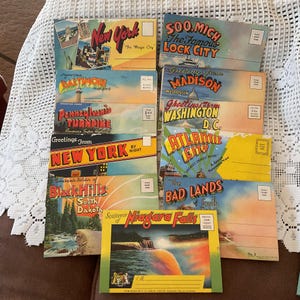 Conjunto de 11 folletos de recuerdo turístico con postales antiguas de los años 30 de varios estados de EE. UU. VEA la descripción de qué estados