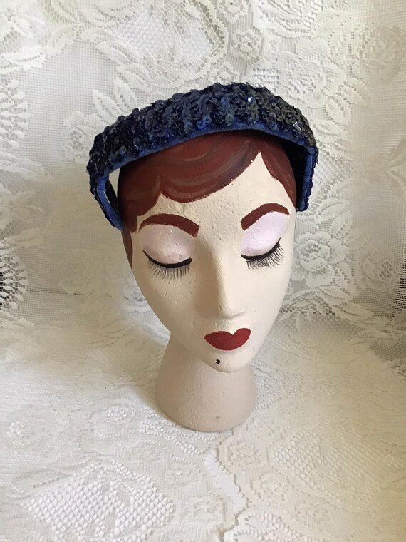 Vintage 1950's Hat Blue Sequins And Velvet No Mak… - image 8