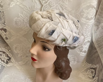 Vintage 1960's Hat Off White With Off White Flowers Blue Leaves *French Room Design* Has Condition Issues SOLD AS IS!!!