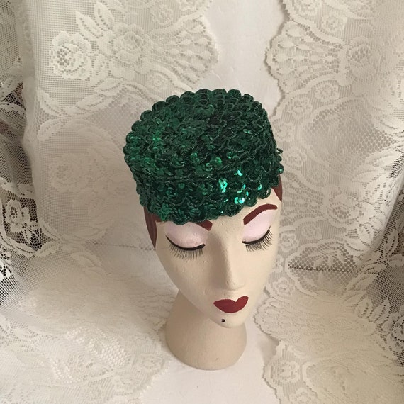 Vintage 1960's Hat Pillbox Emerald Green Sequin H… - image 7