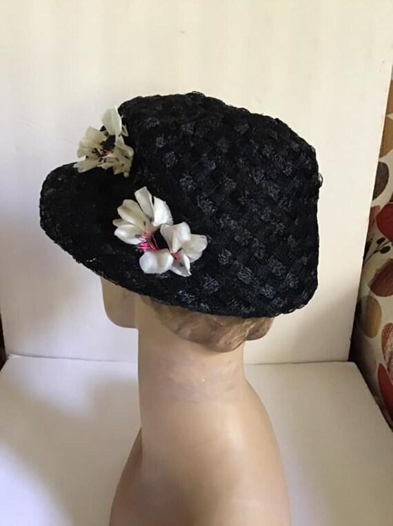 Vintage 1950's 1960's Hat Black Cellophane Straw … - image 7