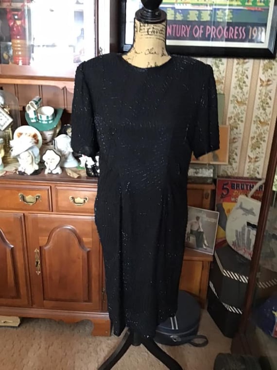Vintage 1980's 1990's Dress Dark Black Beaded In S