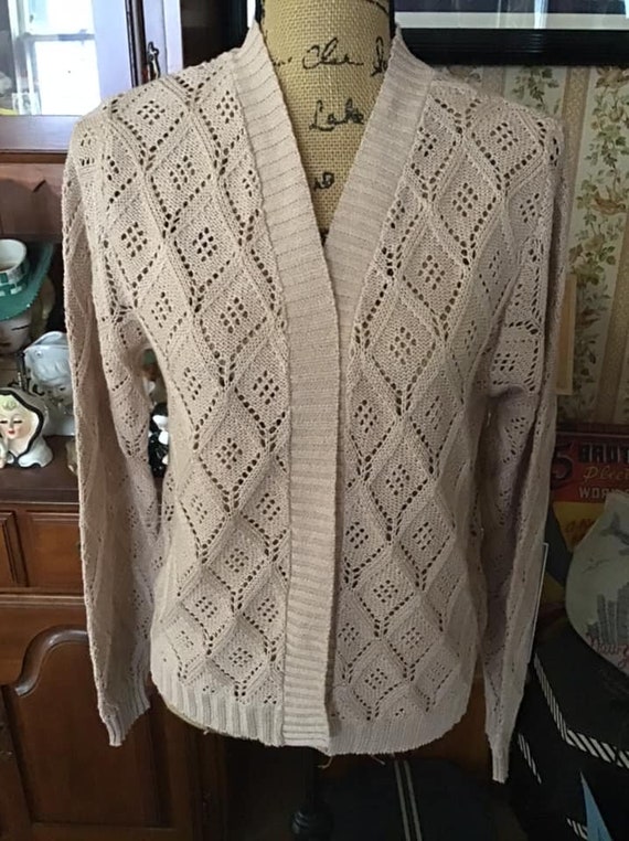 Vintage 1970's Sweater Cardigan Light Beige With … - image 4