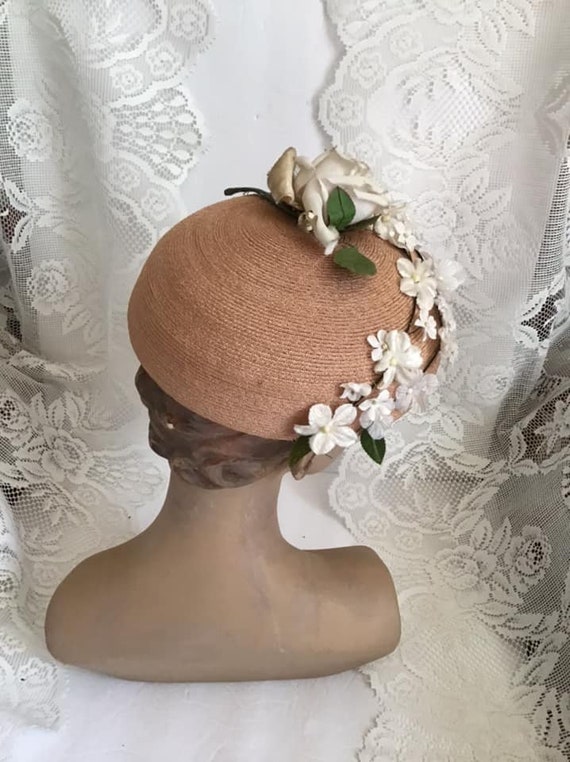 Vintage 1950's Hat Light Beige Straw With Off Whi… - image 5