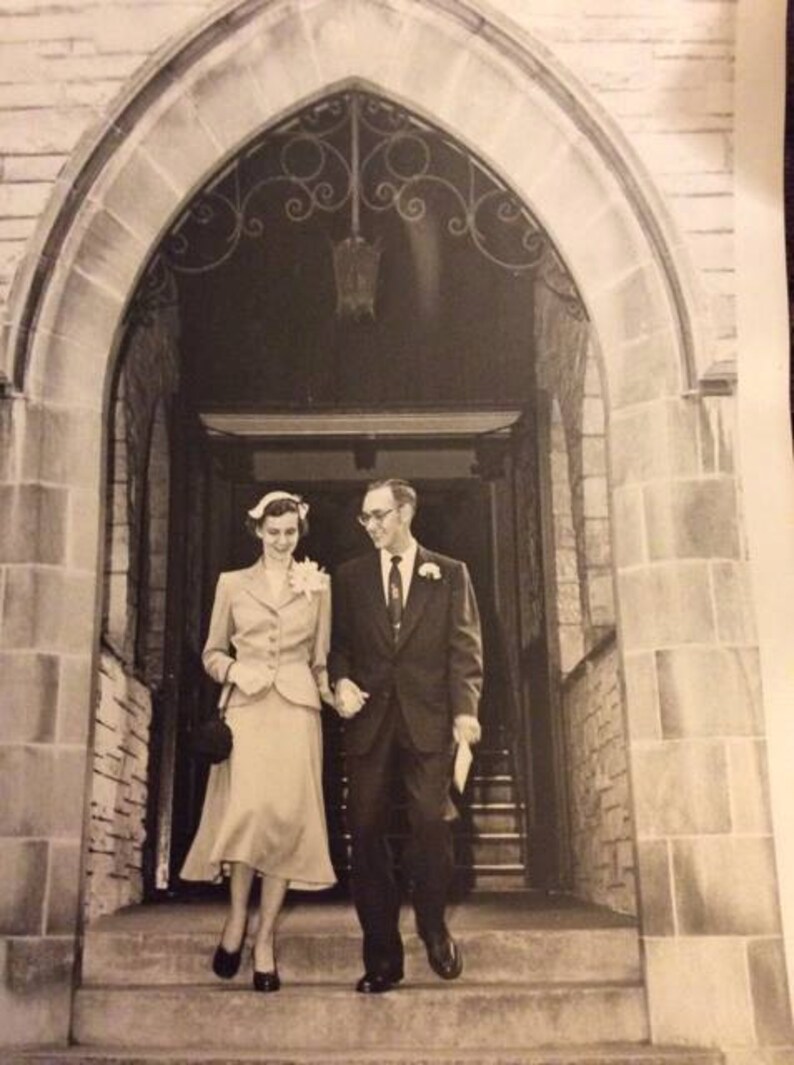 Vintage 1940s 1950s Photograph Picture Wedding Couple Coming Out Of Church Collectible Paper Ephemera Art Craft Scrapbooking image 1