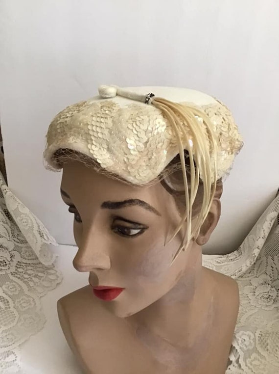 Vintage 1950's Hat Off White With Sequins Feathers