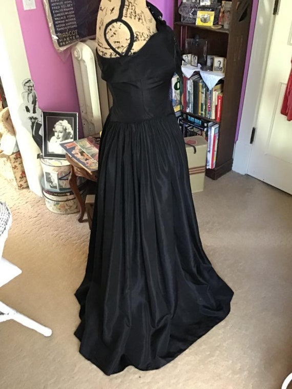 Vintage 1940s Dress Long Formal Gown Dark Black C… - image 6