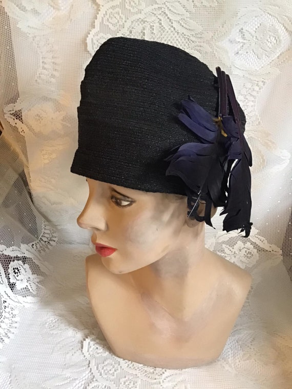Vintage 1920's Hat Flapper Cloche Dark Blue Straw… - image 3
