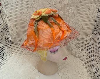 Vintage Sheer Chiffon Orange Fluffy Floral Mushroom Sun Hat  display picture 1