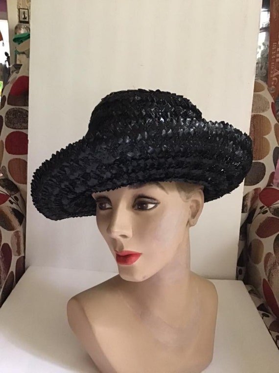 Vintage 1950's 1960's Hat Dark Black Cellophane S… - image 7