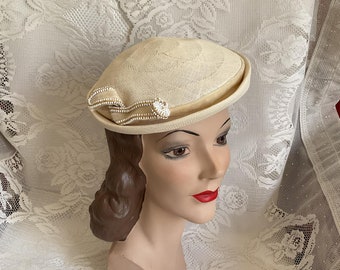 Vintage 1950's Hat Pillbox Light Cream Color Beaded Adornment *The GRAND Milwaukee*