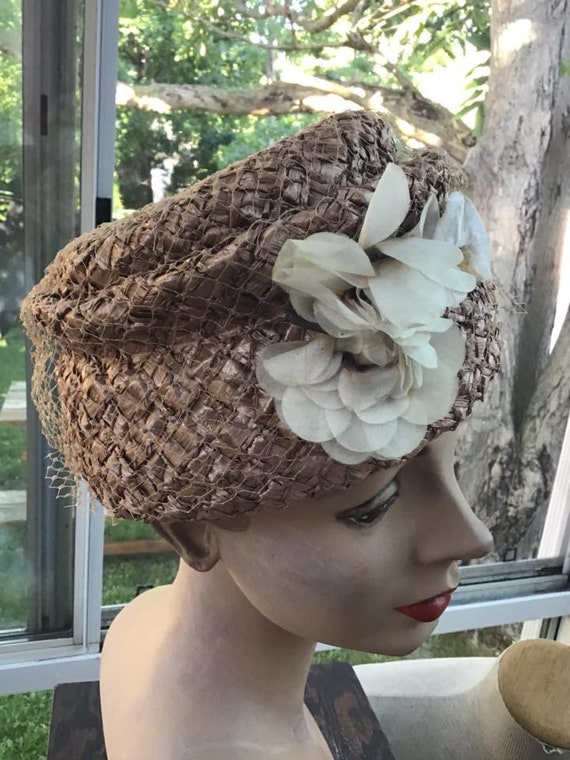 Vintage 1950s 1960s Hat Cellophane Straw With Vei… - image 2