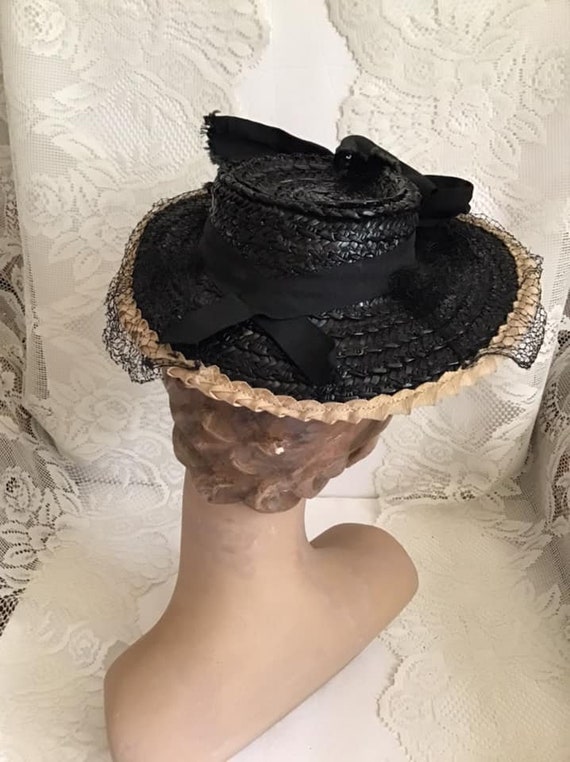 Vintage 1940's Hat Black And Cream Straw Hat With… - image 6