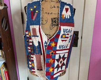 Vintage 1980's Vest Handmade/Homemade Quilted Look Patriotic Americanna Cotton *Uncle Sam* Vest