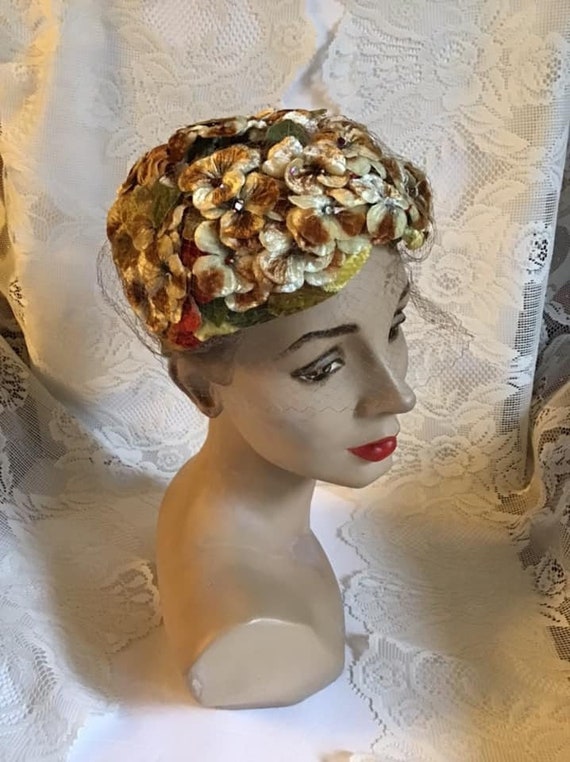 Vintage 1950's Hat Velvet Flowers In Browns And R… - image 1