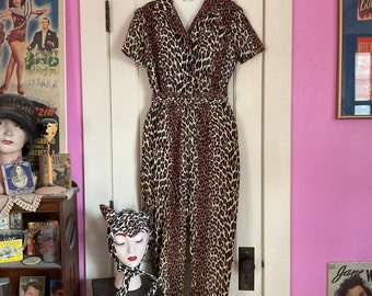 Vintage 1970's 1980's Jumpsuit Corduroy Animal Print Has A Tail And Cat Hood To Wear As A Costume Tail Can Be Removed