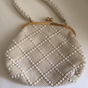 Vintage 1960's Handbag Purse WHITE With Plastic Beads And Fabric Lined Made In Hong Kong