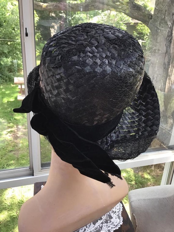 Vintage 1960s Hat Mr. John Jr. Black Cellophane S… - image 1