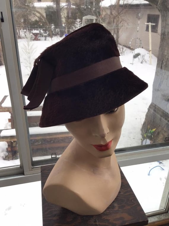 Vintage 1950's Hat Deep Dark Brown Felt Velour Bo… - image 6