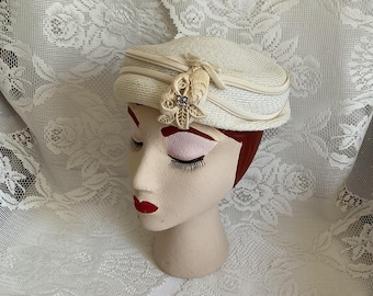 Vintage 1950's Hat Pillbox Style Off White With Floral Adornment And Rhinestones