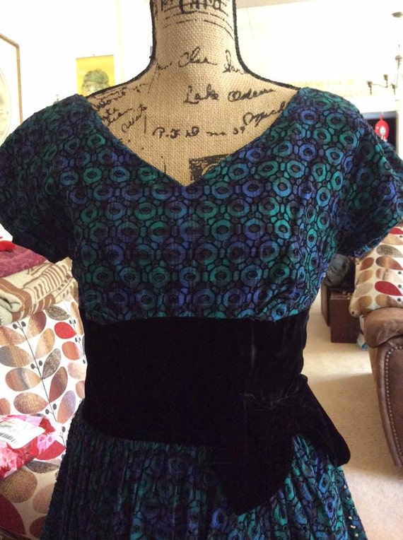 Vintage 1950s 1960s Dress Blue Green Black With Bl