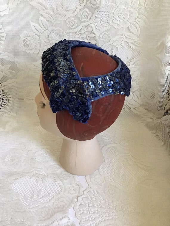 Vintage 1950's Hat Blue Sequins And Velvet No Mak… - image 6