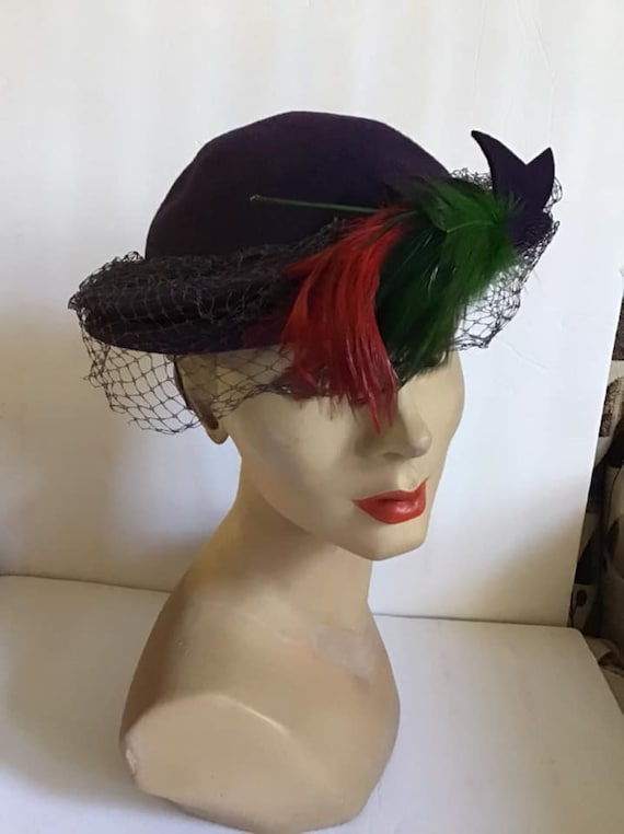 Vintage 1940's 1950's Hat Deep Rich Purple Wool W… - image 1