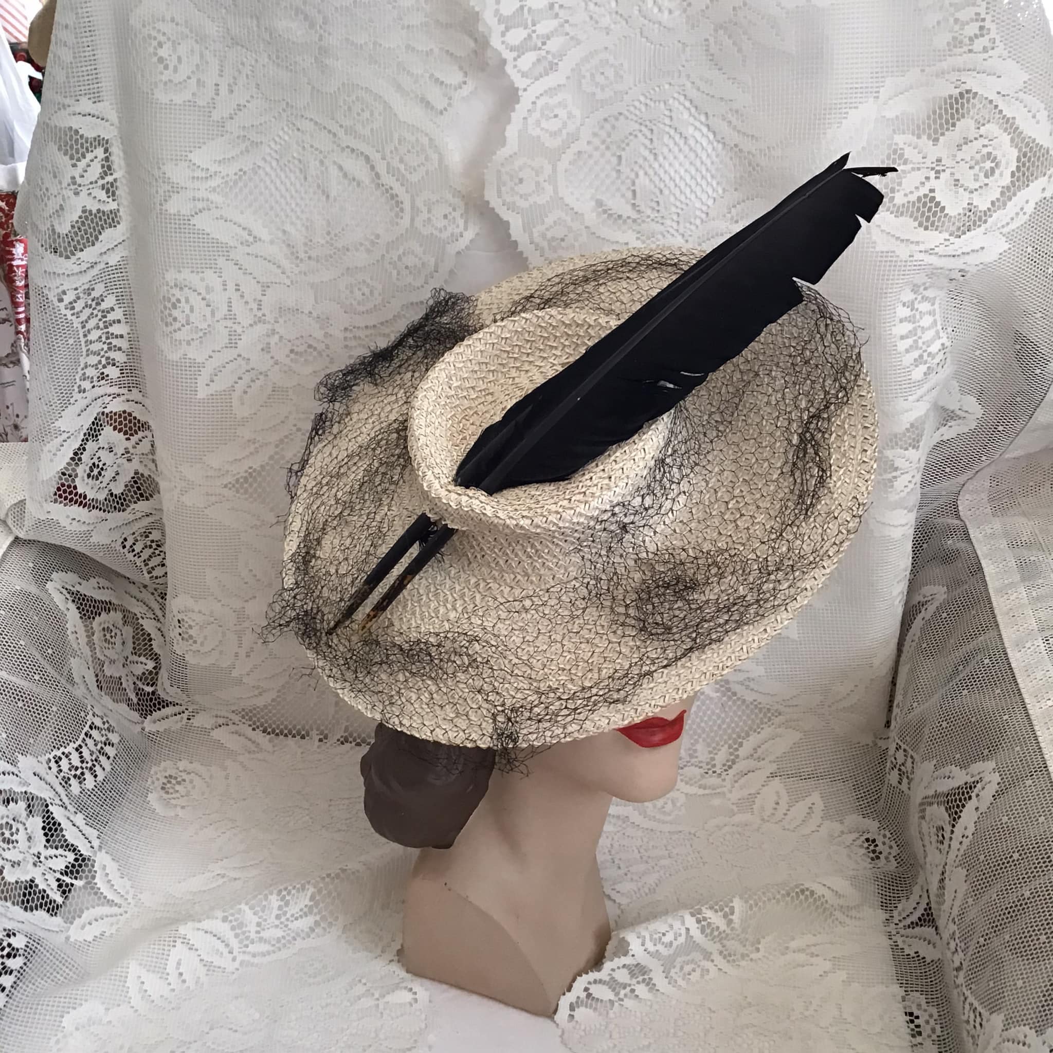 VTG Feather Pillbox Hat – Made in Japan – Black & White Curled Feathers Size BB Black Silver White Pillbox Hat – Wendy Scully Millinery main image 2