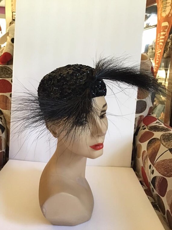 Vintage 1950's Hat FABULOUS Dark Black Sequin Hat… - image 4