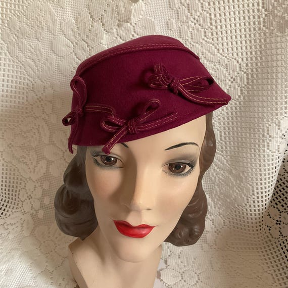 Vintage Red Wool Felt Hat with Bow Dark Red Cloche Hat, 58cm, Bow, Felt Hat, Vintage Inspired  main image 4