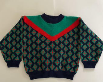 Vintage 1980's Sweater Pullover LITTLE BOYS SIZE Green Blue Red Acrylic Long Sleeves