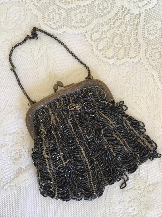 Vintage 1920's Beaded Handbag Black Beads Has NUMEROUS 