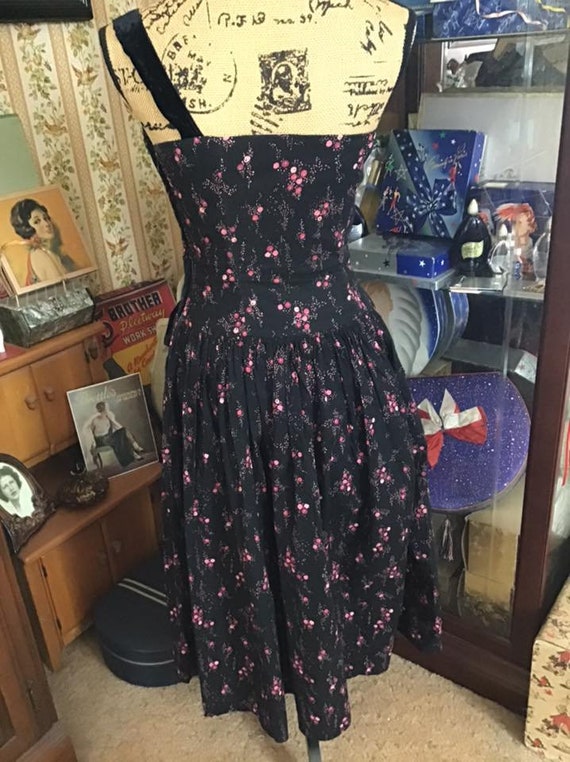 Vintage 1950's Dress Dark Black Cotton With Pink … - image 8