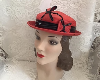 Vintage 1950's Hat Light Red Straw With Black Patent *Miss Bette* Sold As Is!!