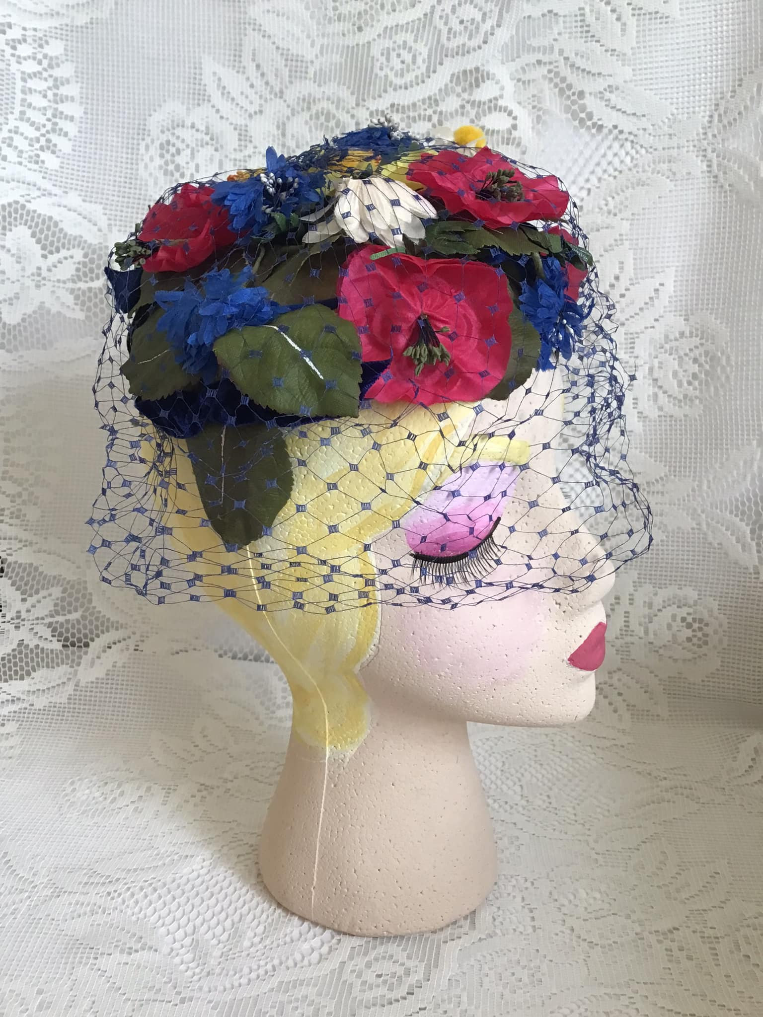 1960’s Era Bouffant Bubble Hat Powder Blue / White Flowers Vintage Dark Blue Wide Brim Hat, Straw with Big Flower  main image 2