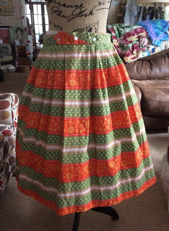 Vintage 1950s 1960s Skirt Cotton Orange Green