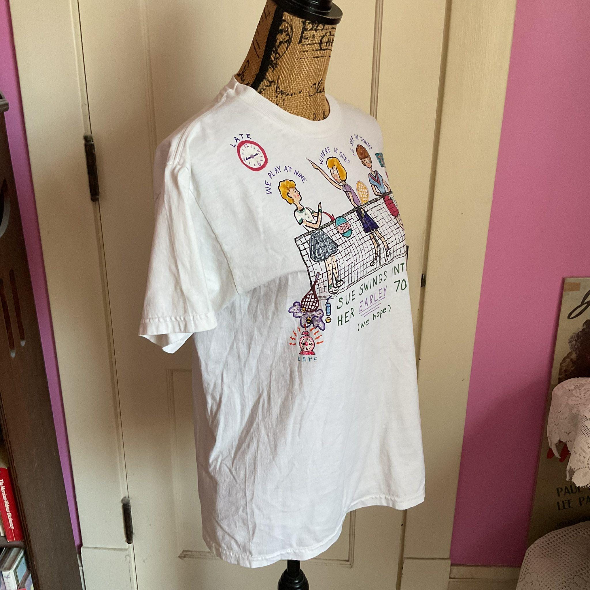 1980年代、1990年代のヴィンテージTシャツ、トップ、手描き、テニスを 