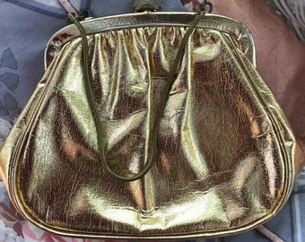 Vintage 1960's Handbag Purse Bright Gold COLOR With Chain Handle Evening Handbag Purse