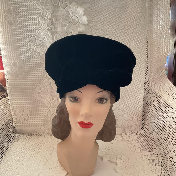 ヴィンテージ 1960 年代 帽子 ダーク ブラック ベルベット アクア