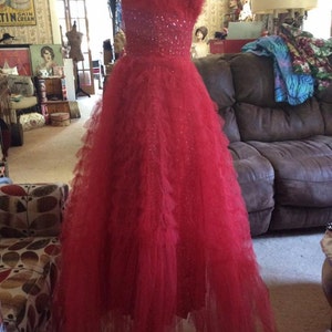 Vintage 1950s Dress TRUE RED Tulle Satin Silver Color Glitter Cupcake Style Prom Graduation Valentines Day Wedding image 5