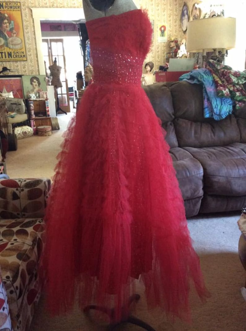 Vintage 1950s Dress TRUE RED Tulle Satin Silver Color Glitter Cupcake Style Prom Graduation Valentines Day Wedding image 5