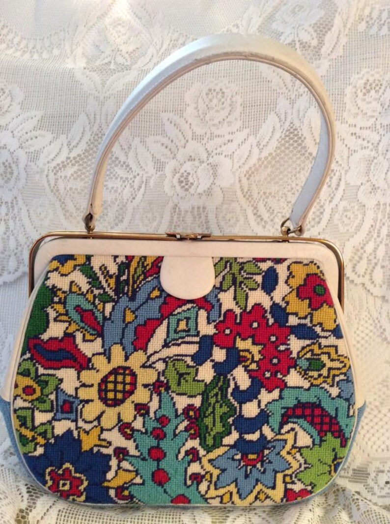 Vintage 1950s 1960s Handbag Purse Needlepoint Floral Print On | Etsy